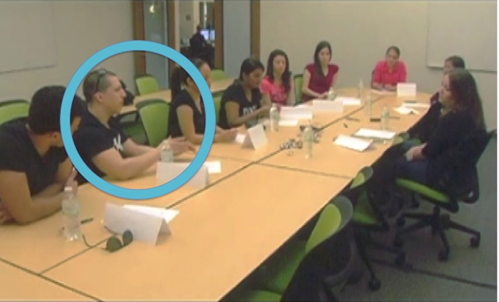 9 students and one researcher sitting around the table. A male student is circled with a blue circle, highlighting the movement of his hand.