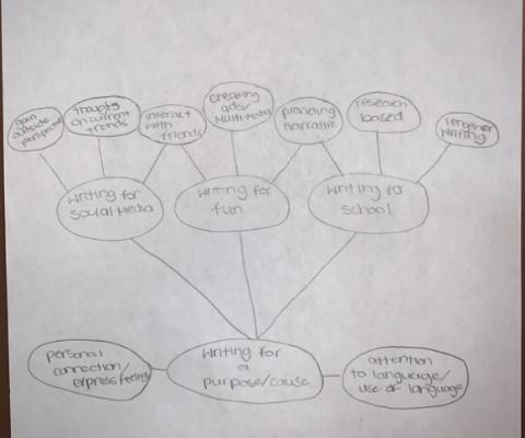 Taylor’s initial monochromatic map of four primary self-named spheres--writing for social media; writing for fun; writing for school, all hierarchically governed by writing for a purpose.