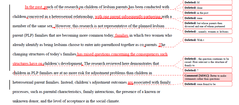 A paragraph of student-written text with primarily directive teacher comments provided in-line and marginally via MS Word. Comments include a number of local edits made to the student text.